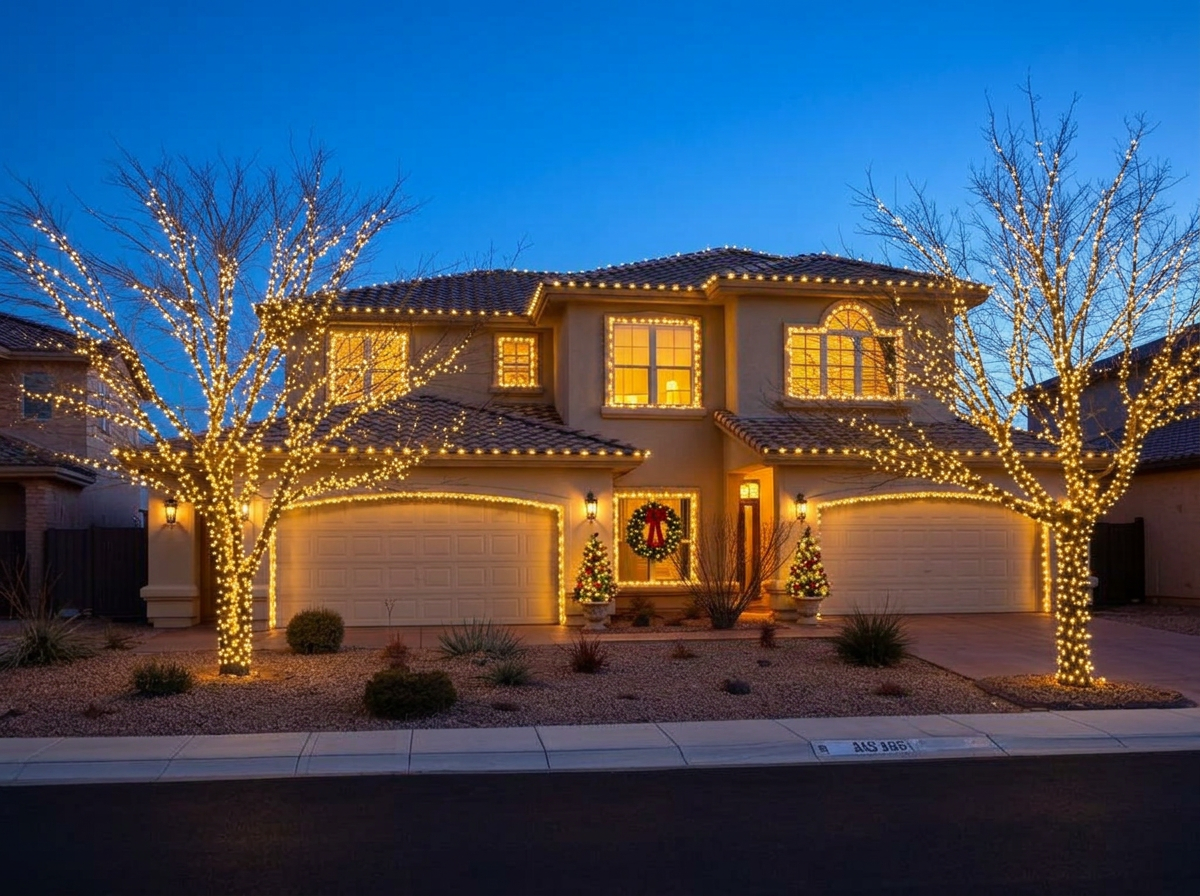 Two-story desert home fully decorated with Christmas lights