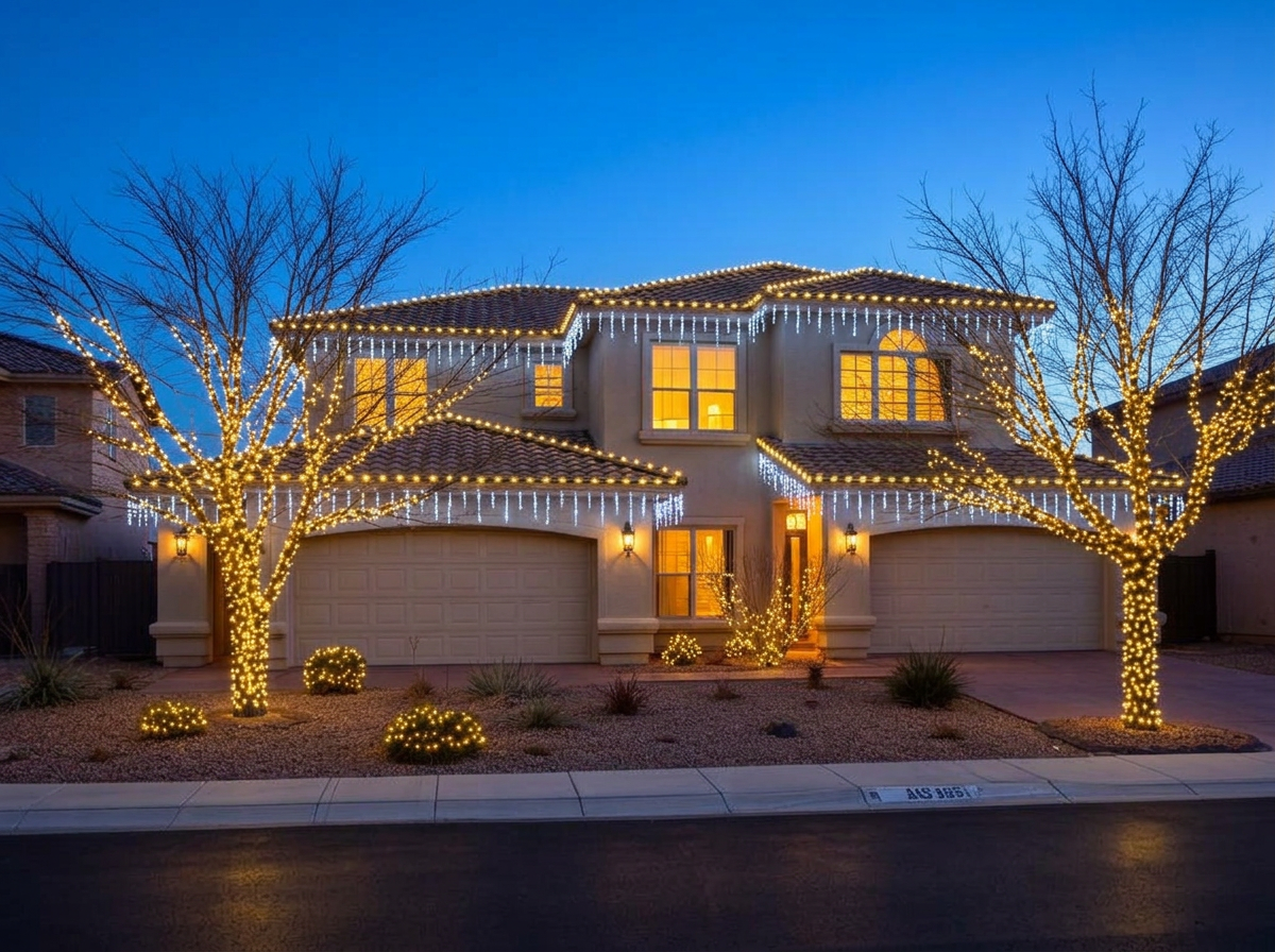 Same home with cool-white icicle Christmas lights