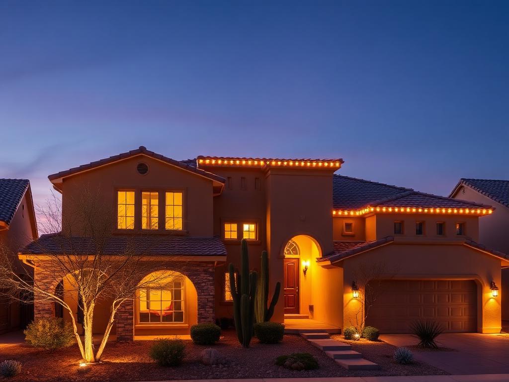 Las Vegas home with warm-white roofline Christmas lights