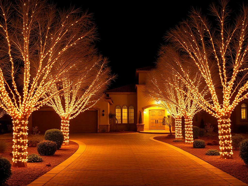Trees wrapped in warm-white Christmas lights along a driveway